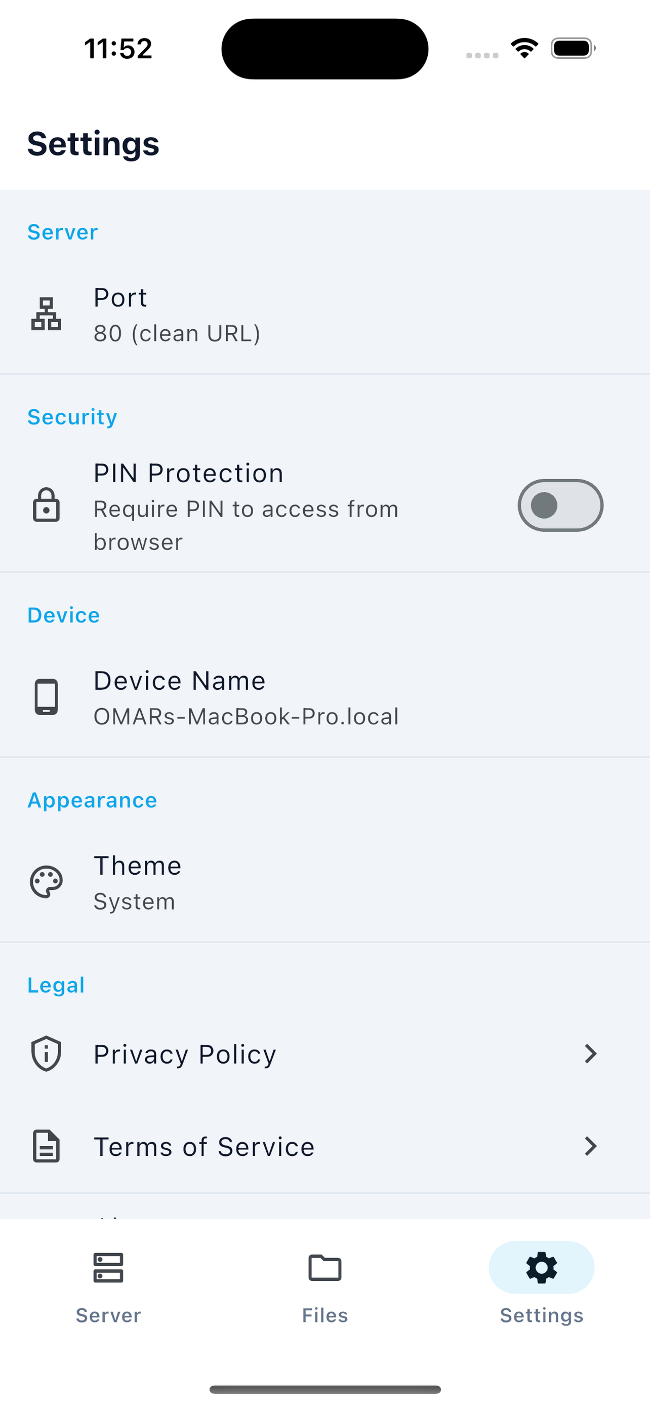 Settings screen for configuring server and theme