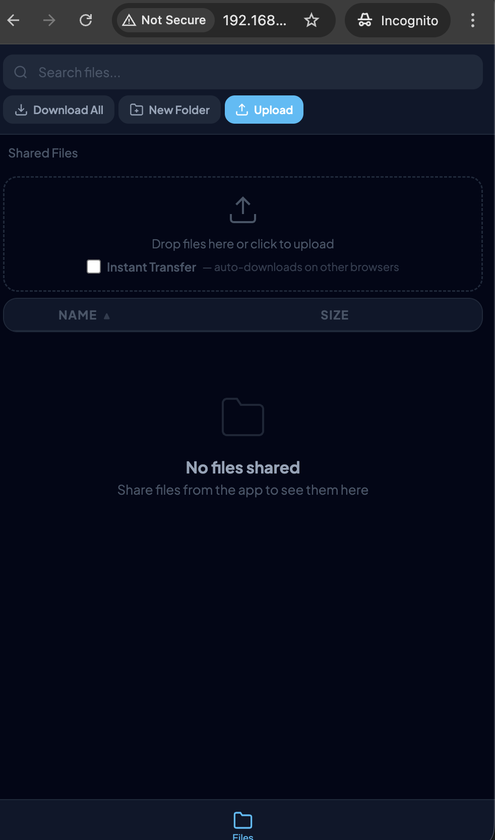 Web file browser with drag and drop uploads, search, and sort